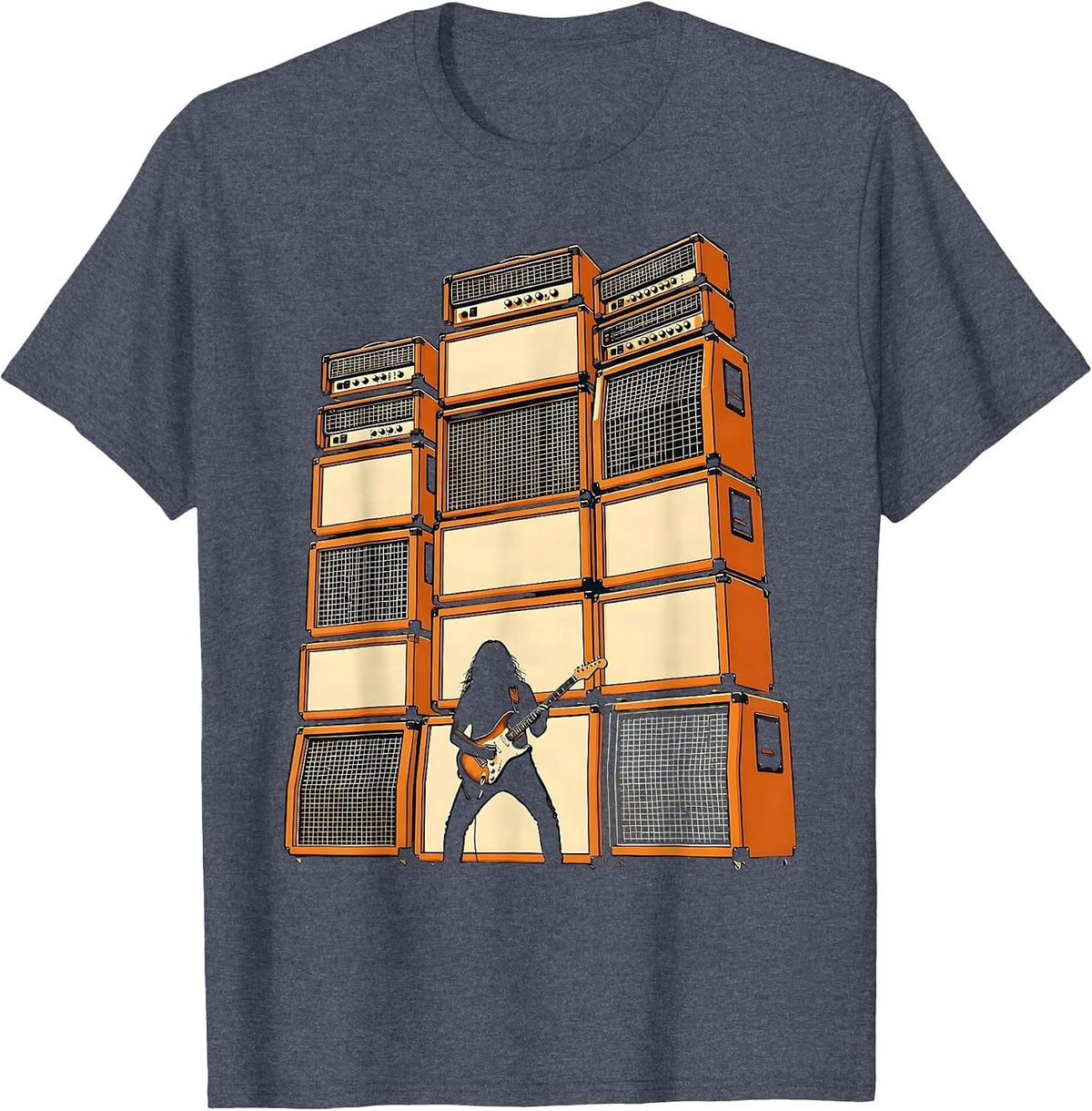 80s Rock Silhouette Giant Amplifier Stack Art T-Shirt - Heather Blue