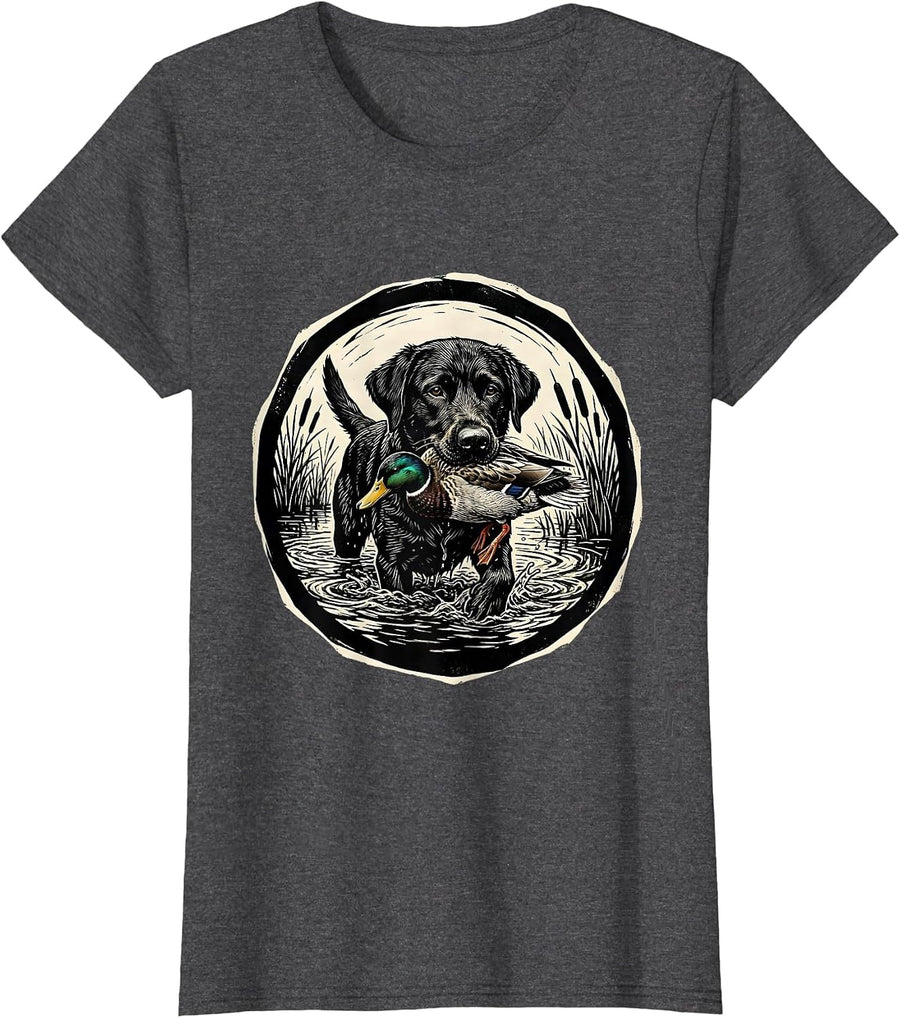Women's Hunting Dog Duck Retriever Illustration T-Shirt - Dark Heather Grey