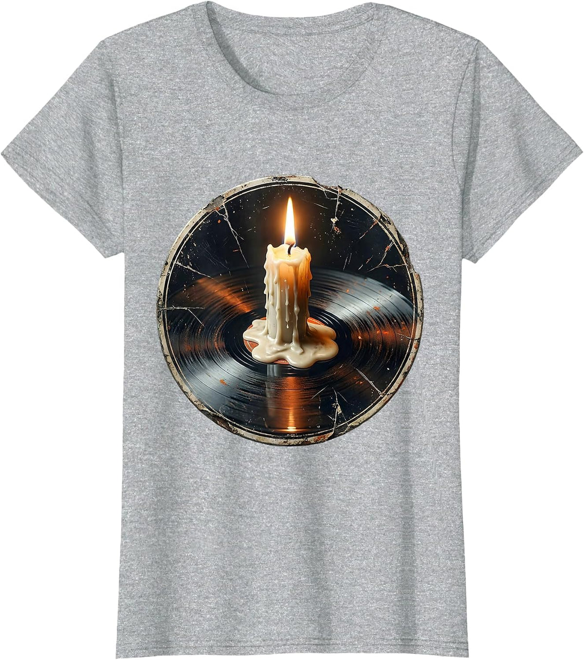 Melting Candle Vinyl Record Rock Music Graphic T-Shirt - Heather Grey