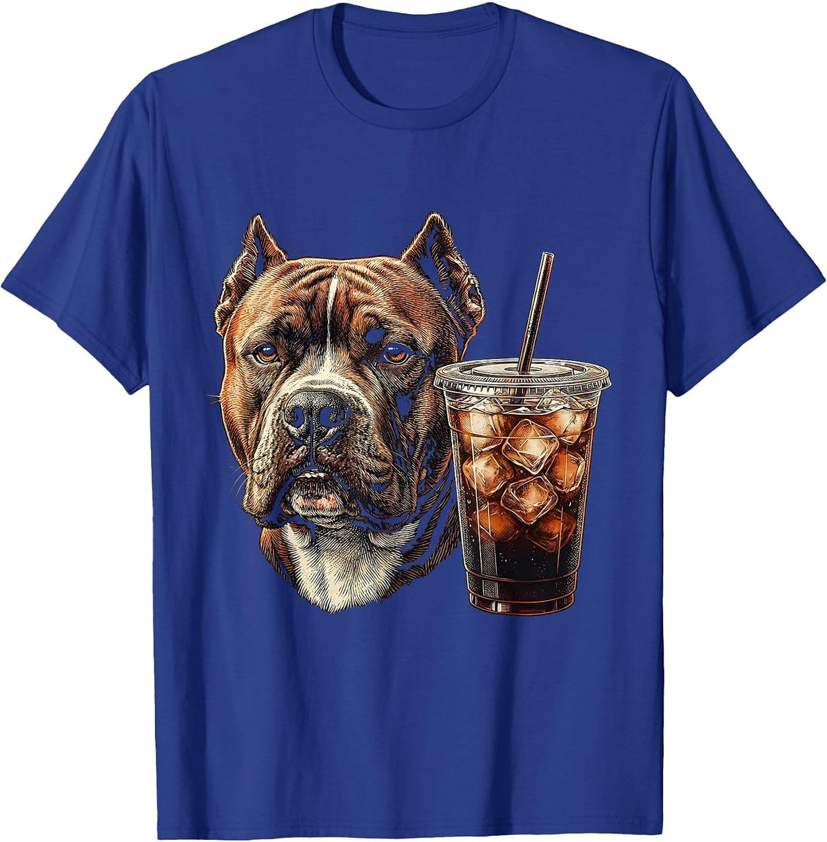 Pitbull Drinking Iced Coffee Dog Lover Humor T-Shirt - Royal Blue