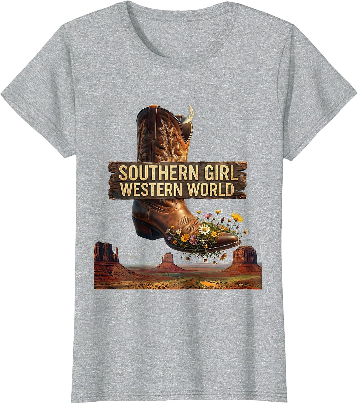 Southern Girl Western World Womens Country Design T-Shirt - Heather Grey