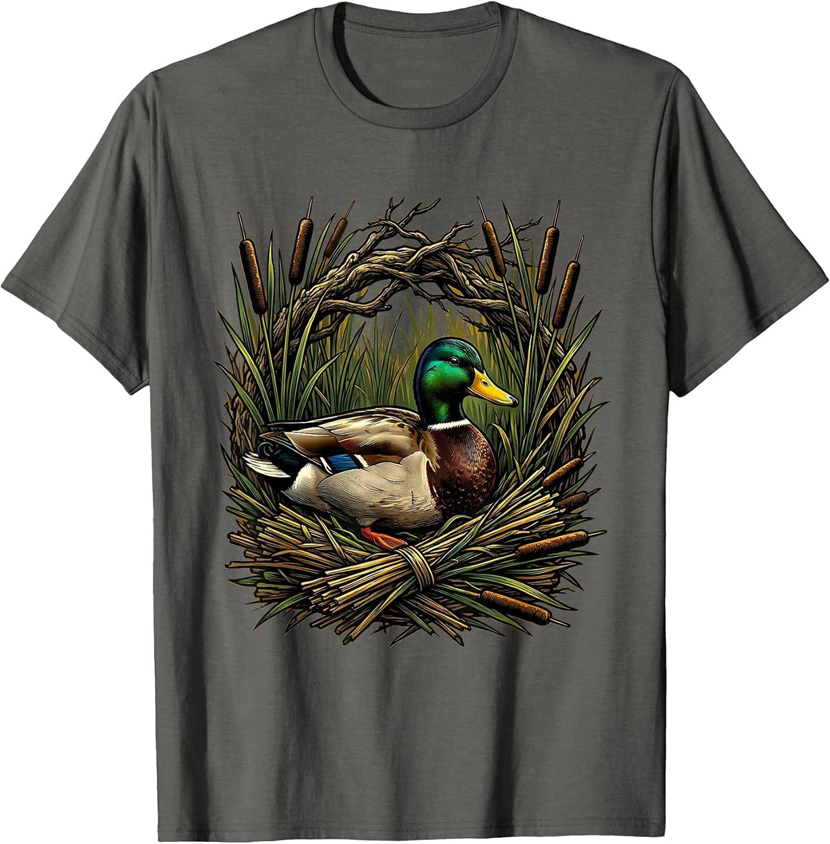 Men's Camo Duck Blind Cattails Hunting Illustration T-Shirt - Asphalt Grey