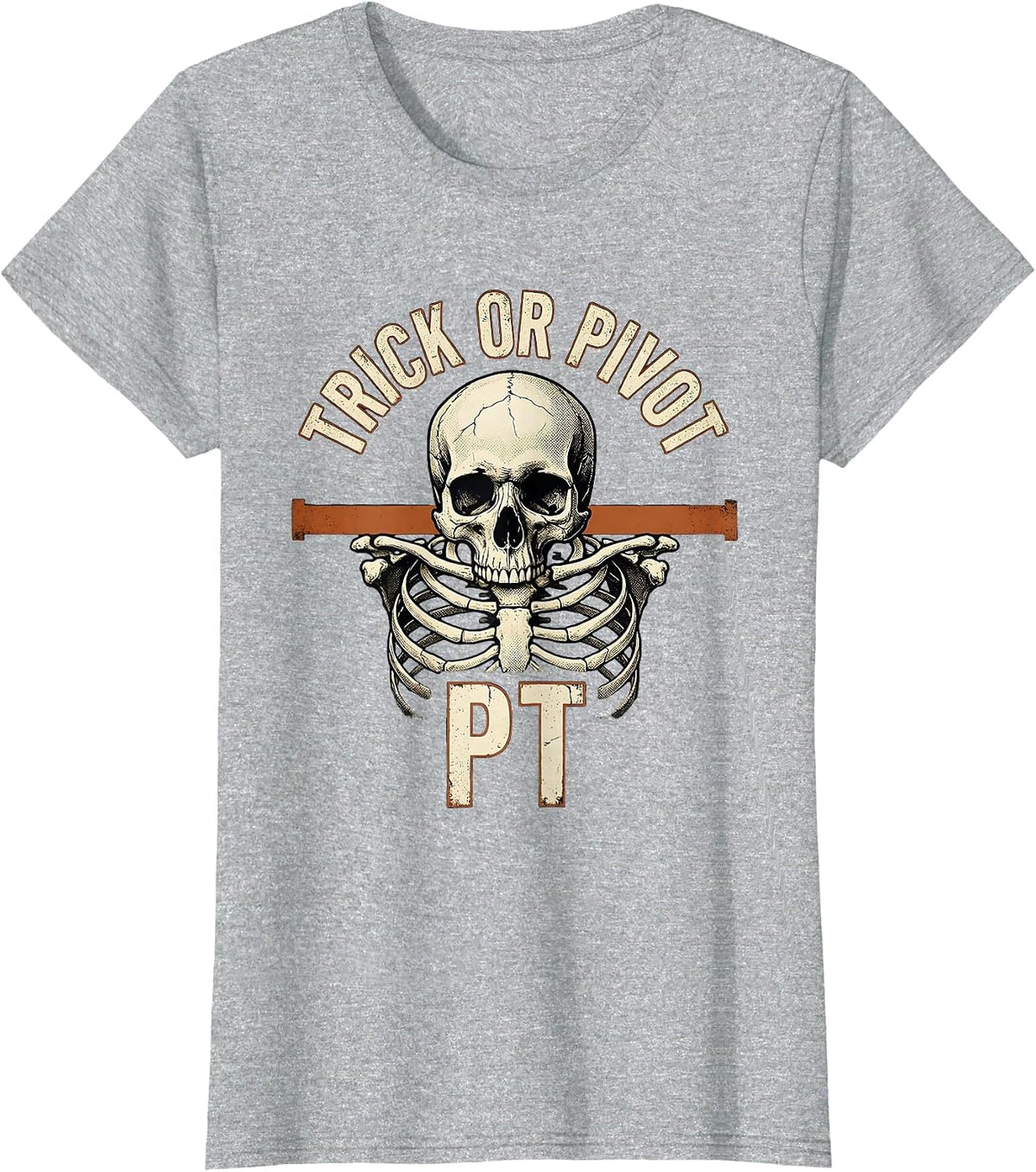 Women's Trick Or Pivot PT Distressed Physical Therapy Halloween T-Shirt - Heather Grey