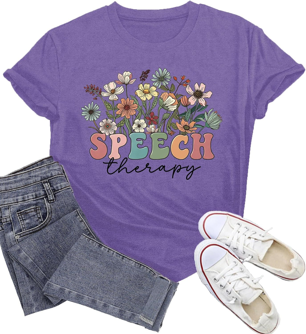 Womens Speech Therapy Shirt Speech Language Pathologist T-Shirts Floral SLP Professionals Tee Tops - Purple