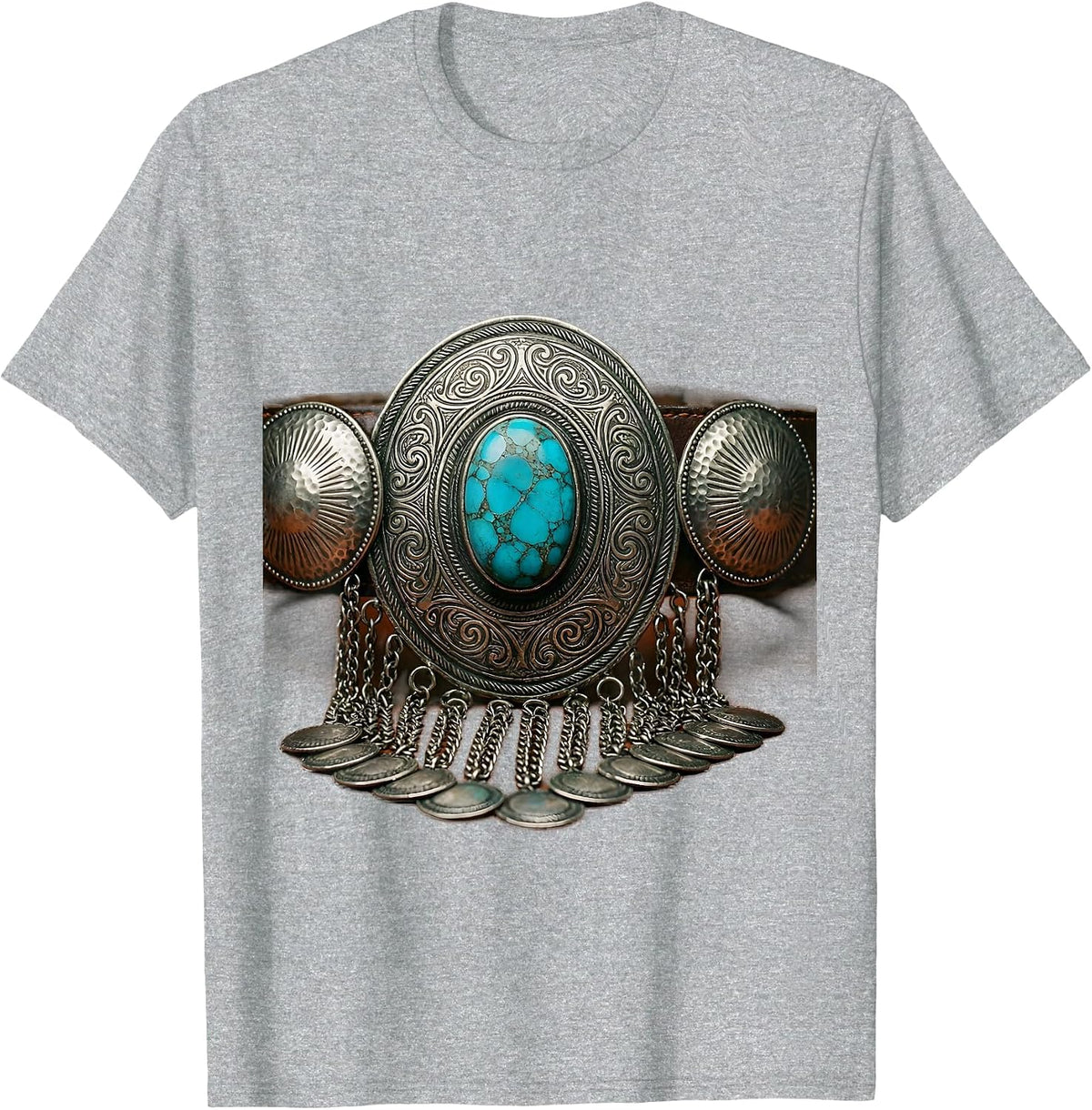 Men's Turquoise Silver Concho Belt Buckle Western Art T-Shirt - Heather Grey