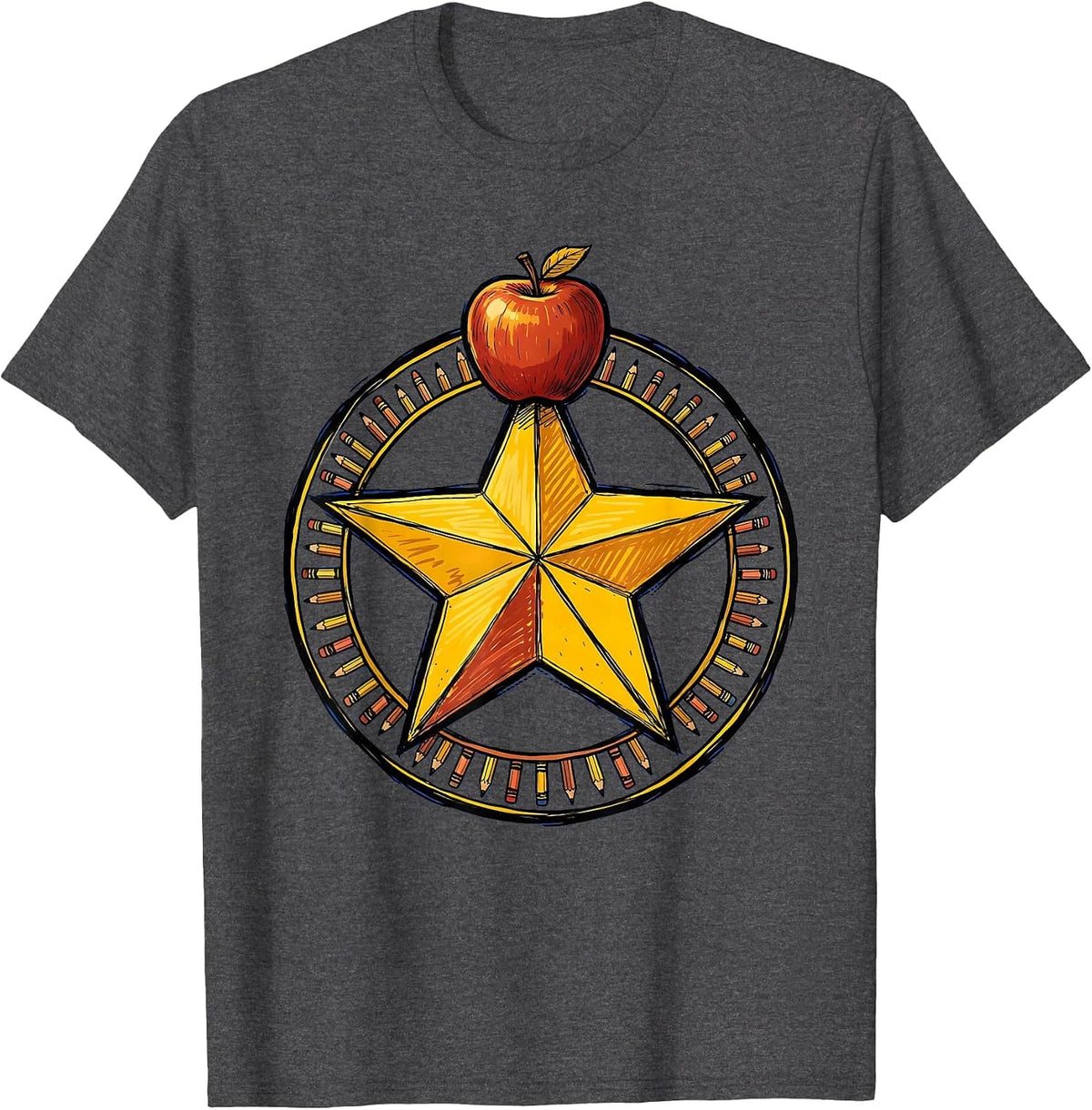 Men's Third Grade Teacher Gold Star Badge Cardigan T-Shirt - Dark Heather Grey