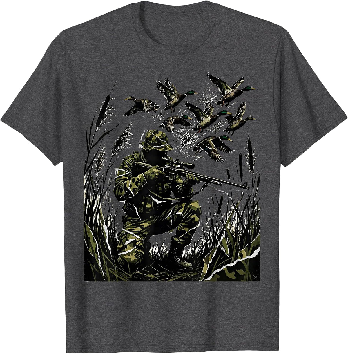 Camo Duck Hunter in the Reeds Illustration T-Shirt - Dark Heather Grey
