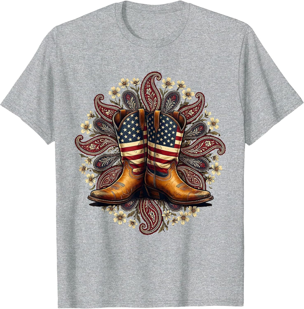 Men's Cowgirl Boots Floral Paisley Western Design T-Shirt - Heather Grey