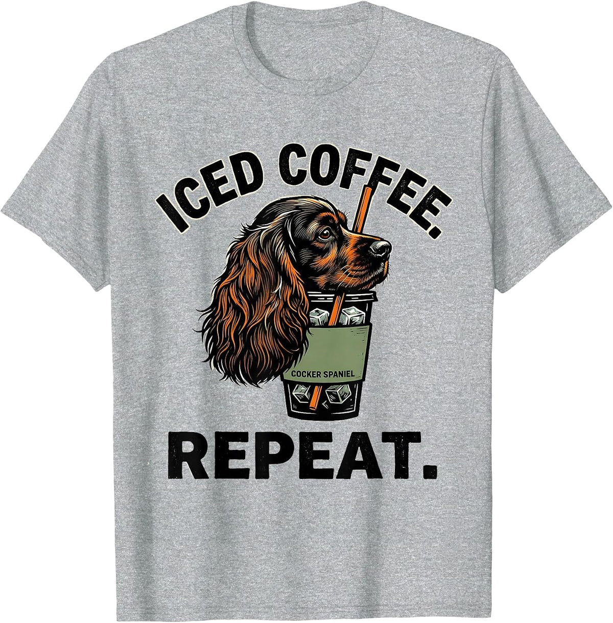 Men's Iced Coffee Cocker Spaniel Repeat Funny Dog Lover Linocut T-Shirt - Heather Grey