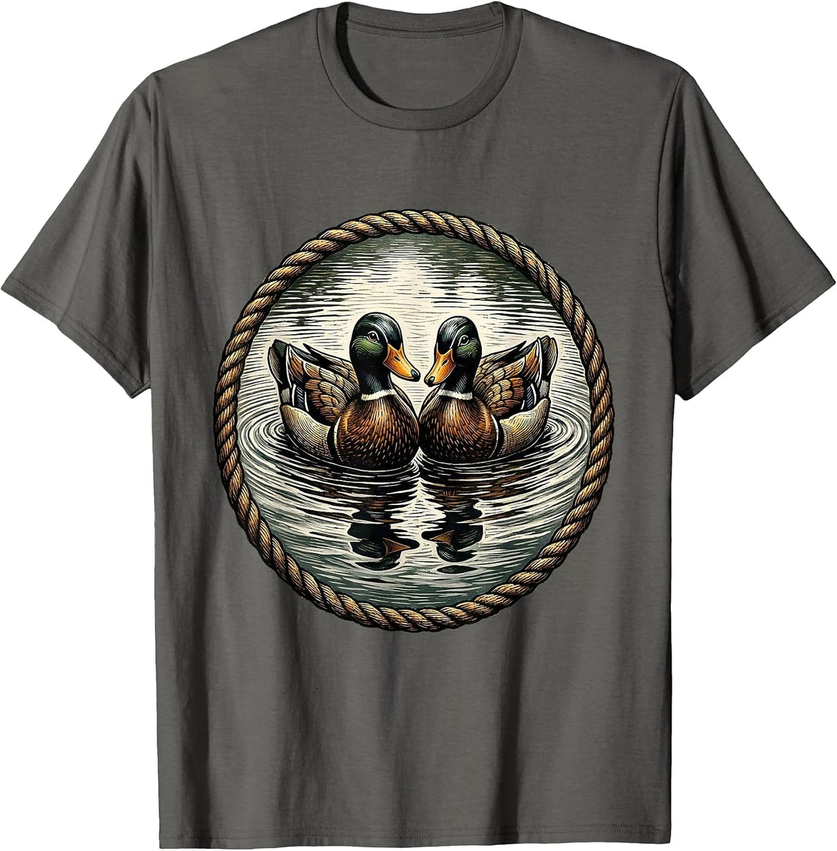 Duck Decoys on Still Water Hunting Illustration T-Shirt - Asphalt Grey