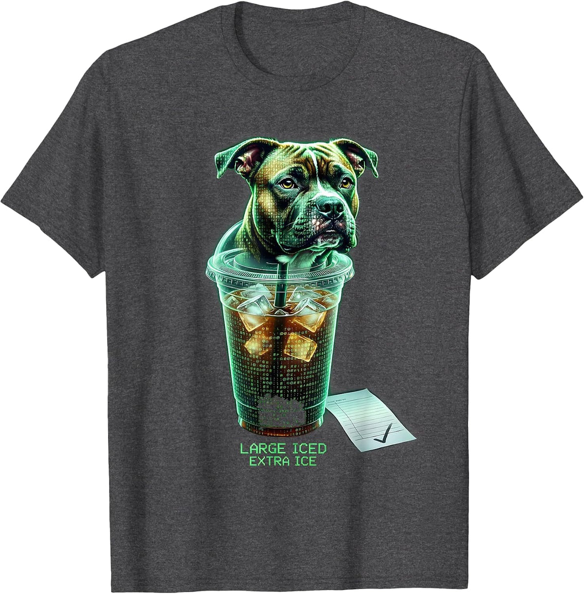 Large Iced Extra Ice Funny Pitbull Drinking Iced Coffee Meme T-Shirt - Dark Heather Grey