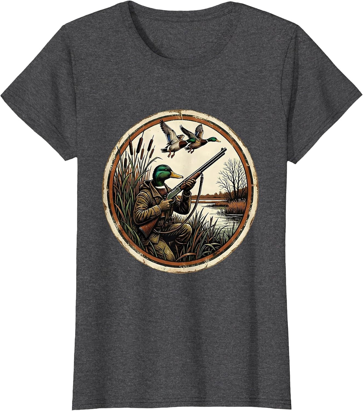Women's Duck Hunter in Blind Shotgun Raised Hunting Art T-Shirt - Dark Heather Grey