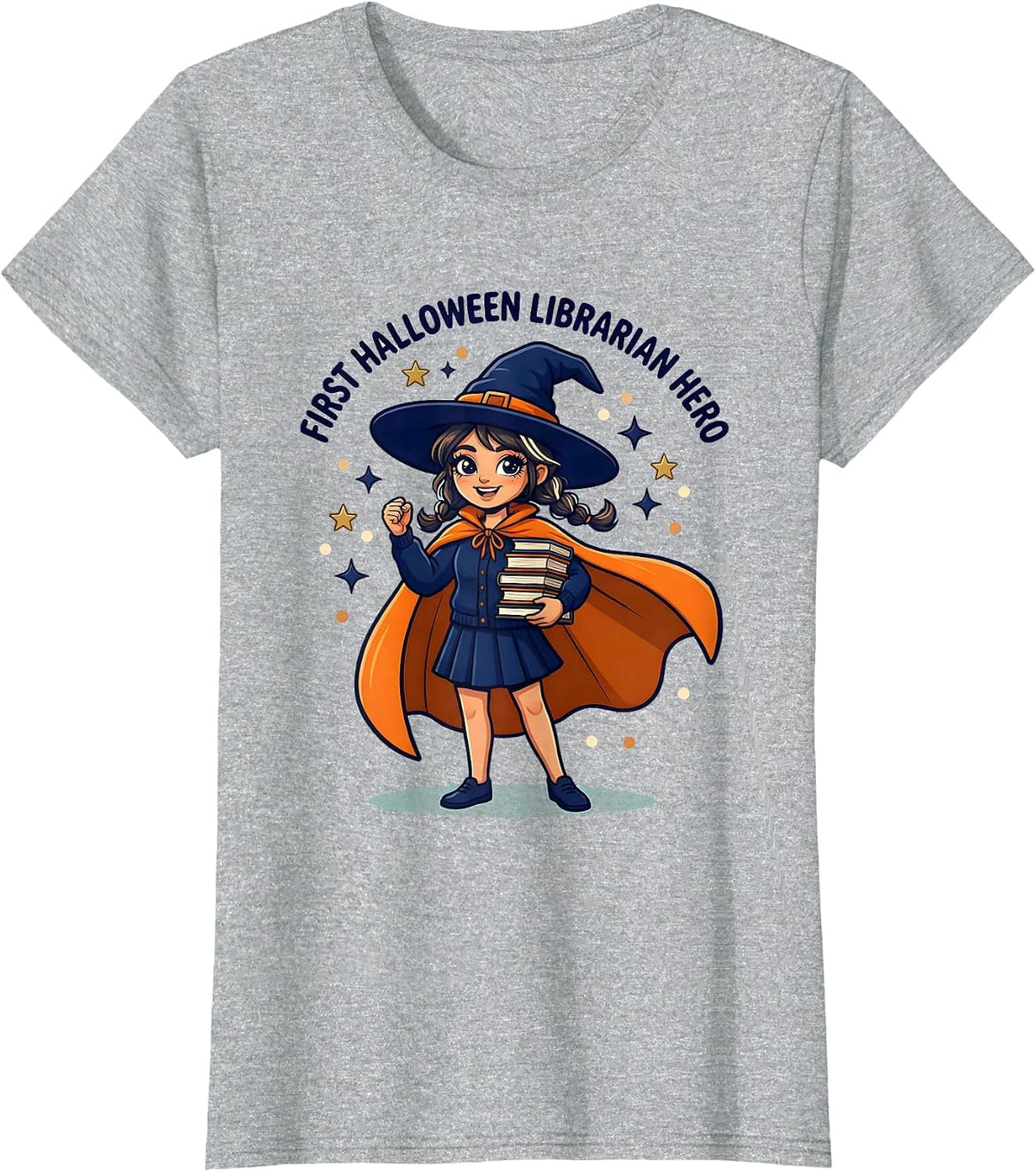 FIRST HALLOWEEN LIBRARIAN HERO Cartoon Librarian Halloween T-Shirt - Heather Grey