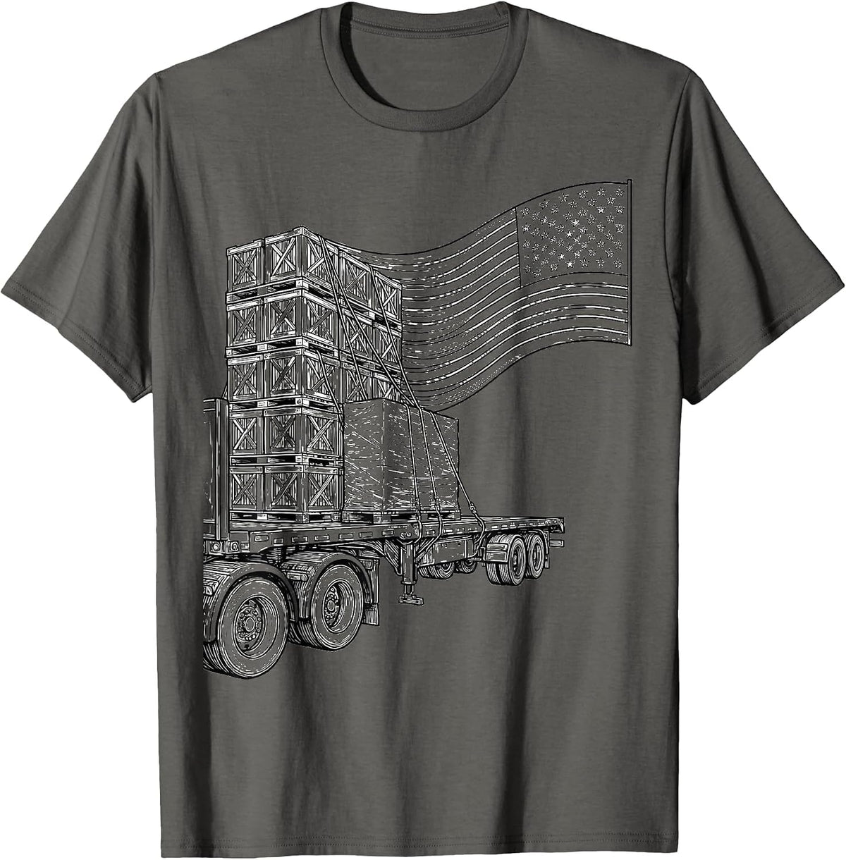 Men's Flatbed Trailer Flag Stripes Trucker Patriotic Pride T-Shirt - Asphalt Grey