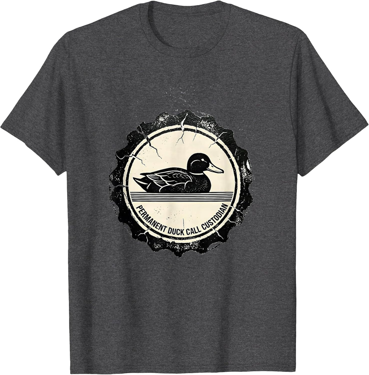 Men's Permanent Duck Call Custodian Funny Duck Hunter Rubber Stamp T-Shirt - Dark Heather Grey