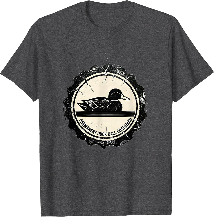 Men's Permanent Duck Call Custodian Funny Duck Hunter Rubber Stamp T-Shirt - Dark Heather Grey
