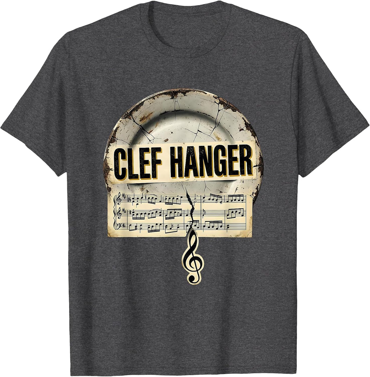 Clef Hanger Distressed Funny Music Lover Musician Gift T-Shirt - Dark Heather Grey