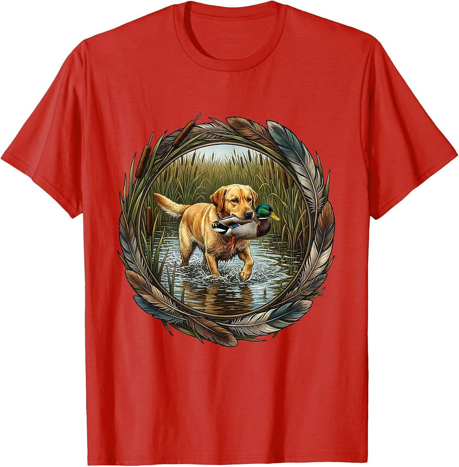 Men's Duck Camo Hunting Dog Retrieving Marsh Scene T-Shirt - Red