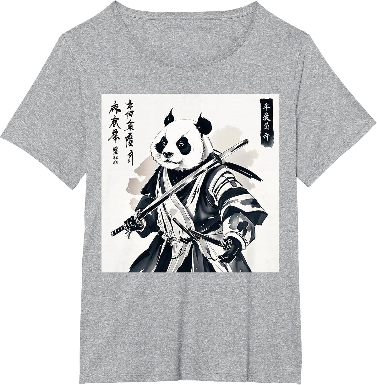 Samurai Panda Graphic Warrior Art tee Japanese Anime Ukiyo-e T-Shirt - Heather Grey