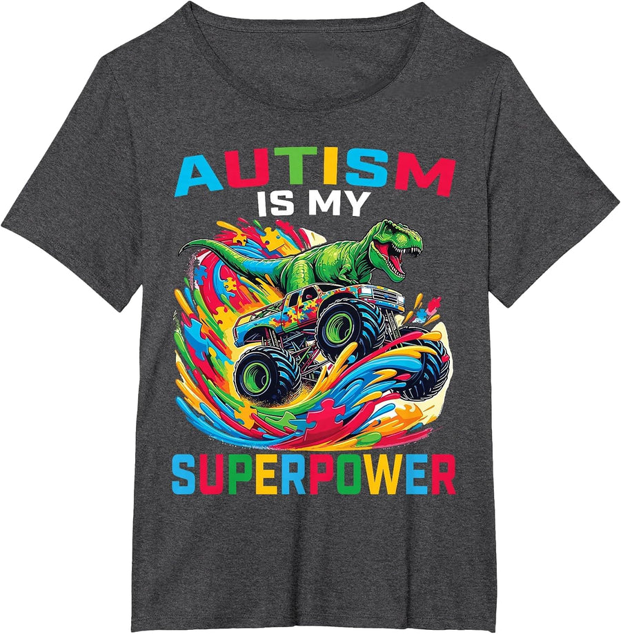 Autism is My Superpower Dino T Rex Monster Truck Kids Boys T-Shirt - Dark Heather Grey