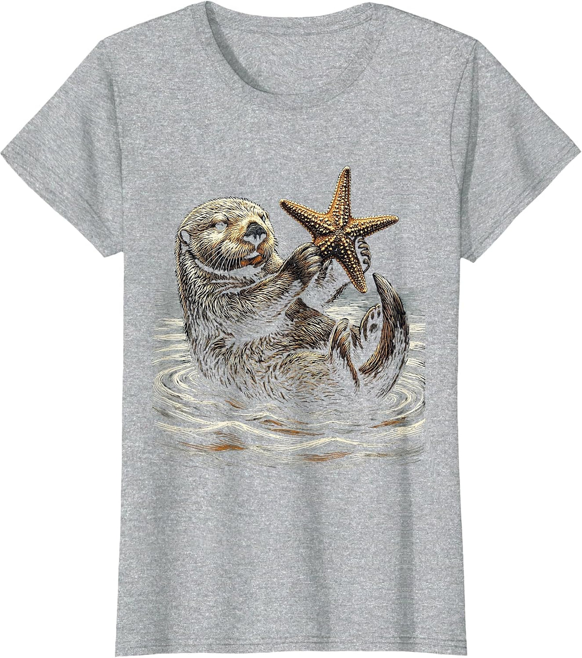 Women's Sea Otter Holding Starfish Above Water T-Shirt - Heather Grey