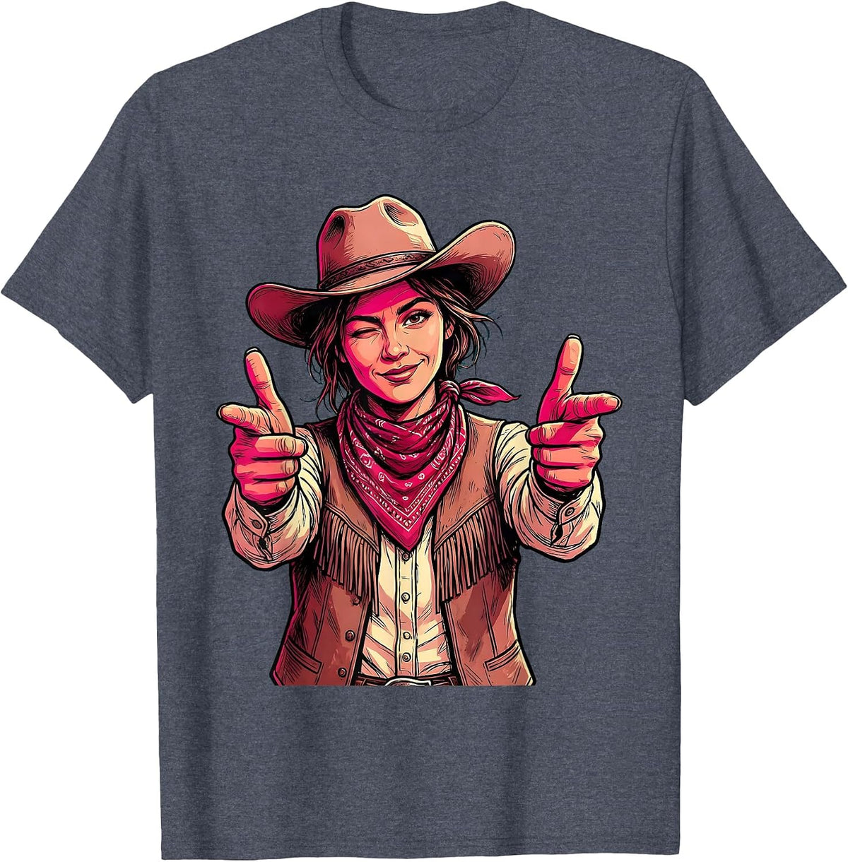 Pink Cowgirl Winking Pistol Finger Guns Illustration T-Shirt - Heather Blue