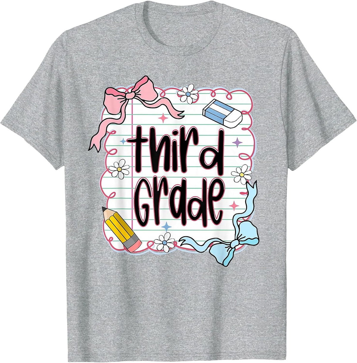 Third Grade Back to School for Girls Pink Notebook T-Shirt - Heather Grey