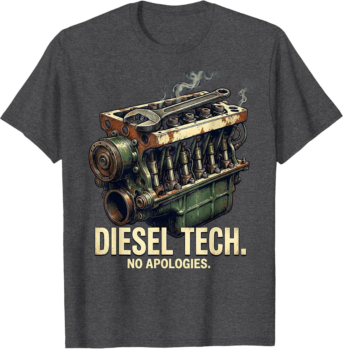 Diesel Tech. No Apologies. Vintage Mechanic Design T-Shirt - Dark Heather Grey