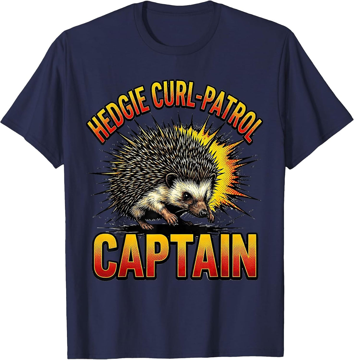 Men's Hedgie Curl-Patrol Captain Cute Cartoon Hedgehog Lover Humor T-Shirt - Navy Blue