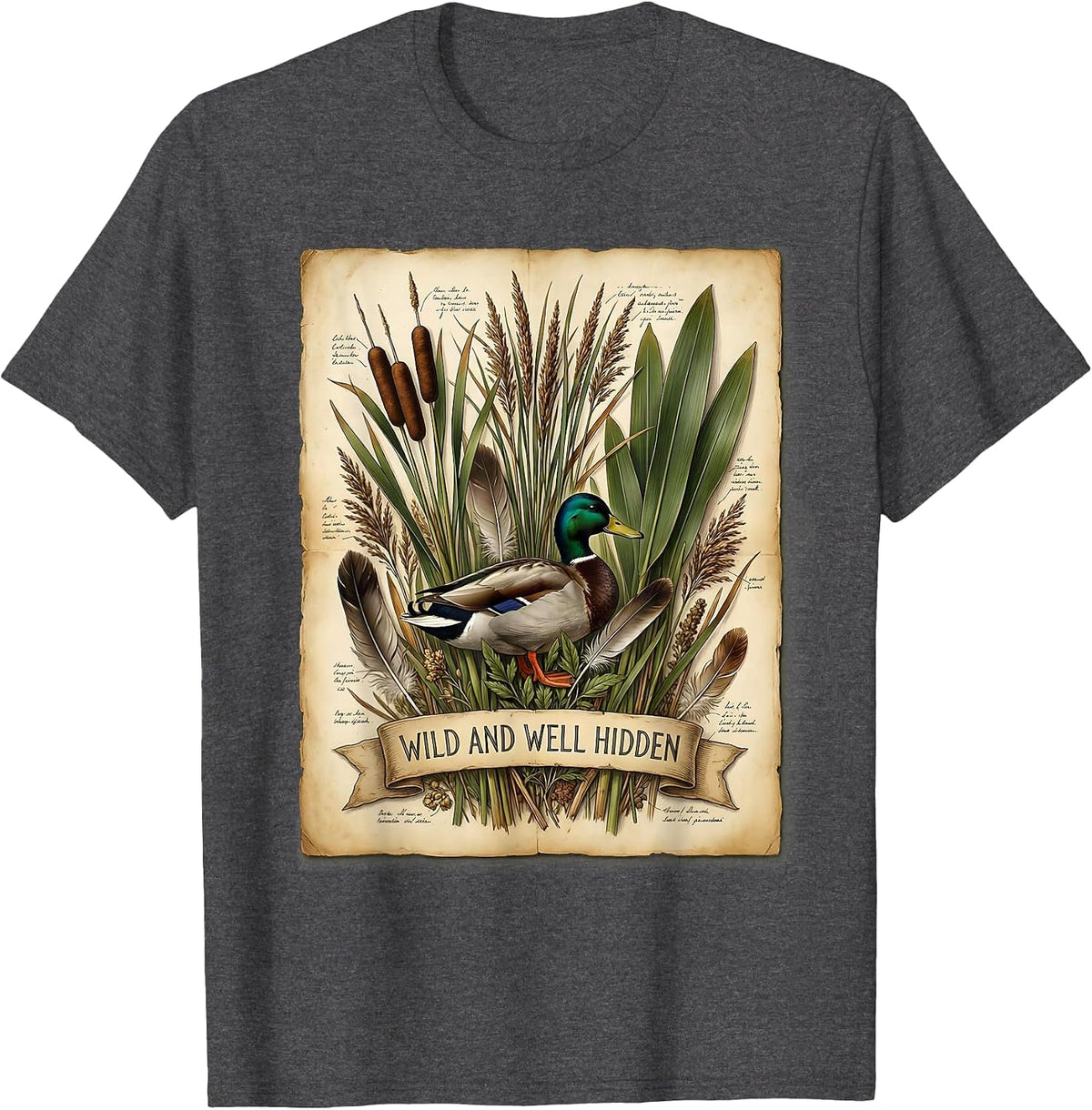 Duck Camo Wild and Well Hidden Hunting Design T-Shirt - Dark Heather Grey