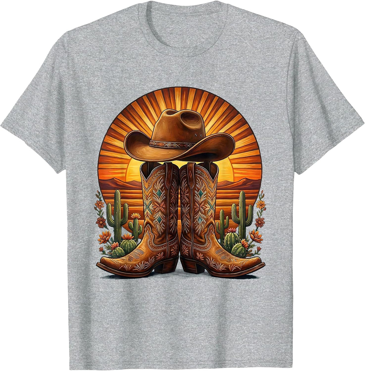 Men's Cowgirl Boots and Hat Desert Sunset Graphic T-Shirt - Heather Grey
