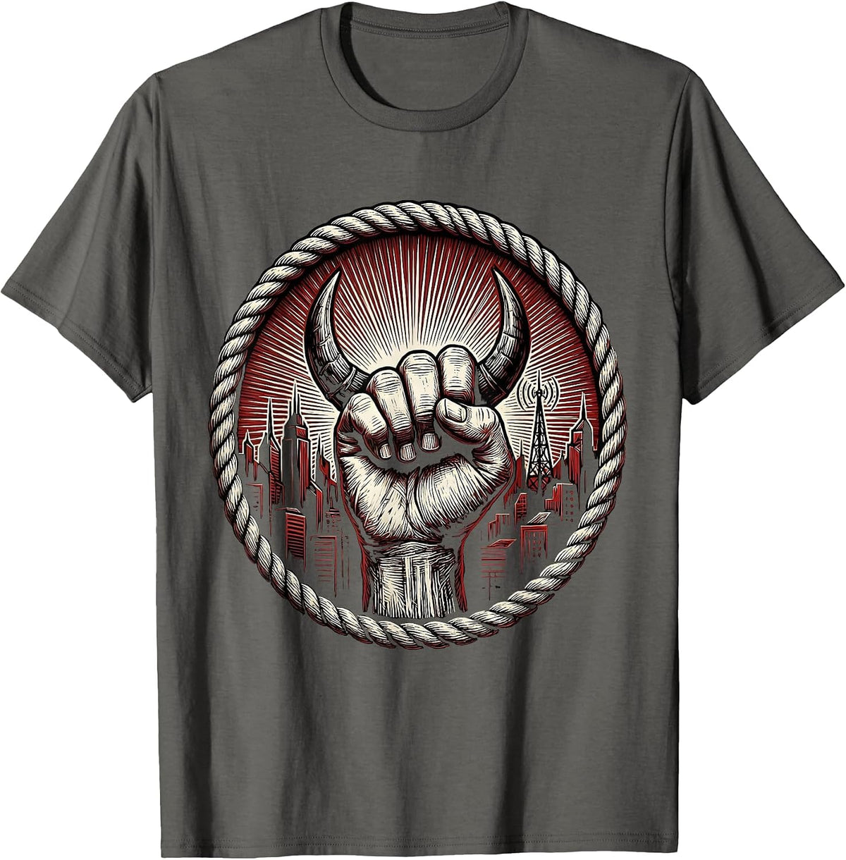 Devil Horns Over City Skyline 80s Rock Graphic T-Shirt - Asphalt Grey