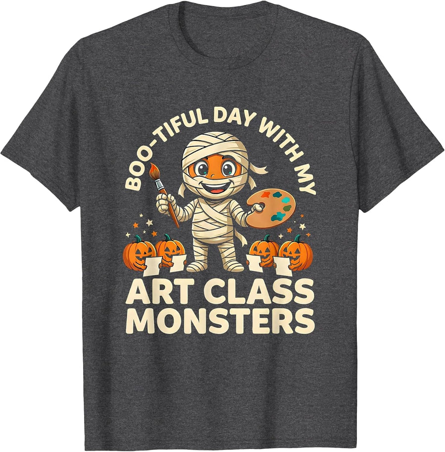 Men's Boo-tiful Day With My Art Class Monsters Funny Teacher T-Shirt - Dark Heather Grey