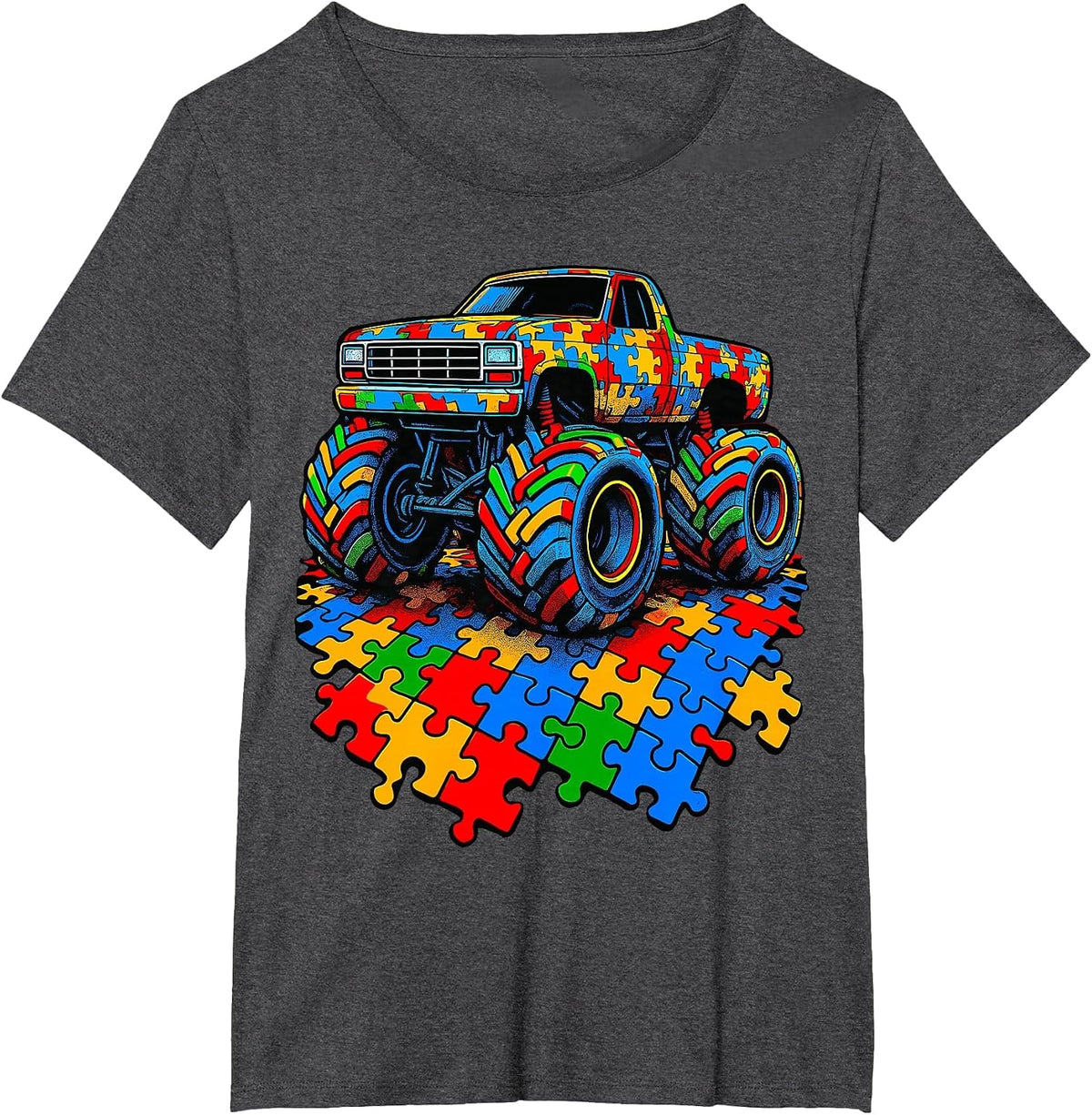 Autism Awareness Monster Truck Puzzle T-Shirt - Dark Heather Grey