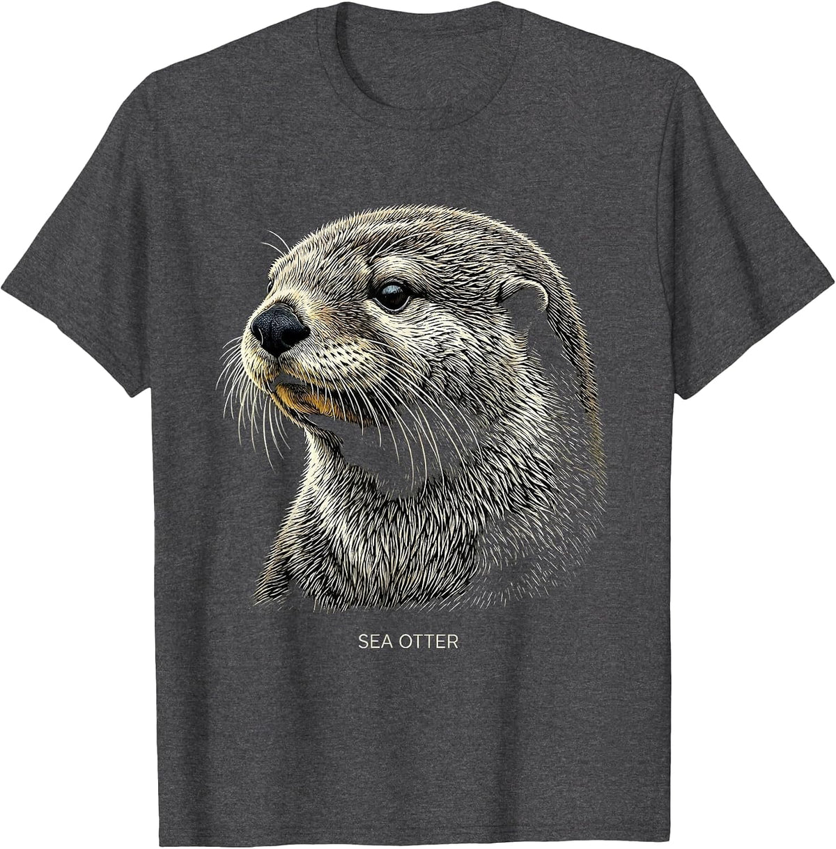 Sea Otter Woodcut Engraving Wildlife Portrait Nature Art T-Shirt - Dark Heather Grey