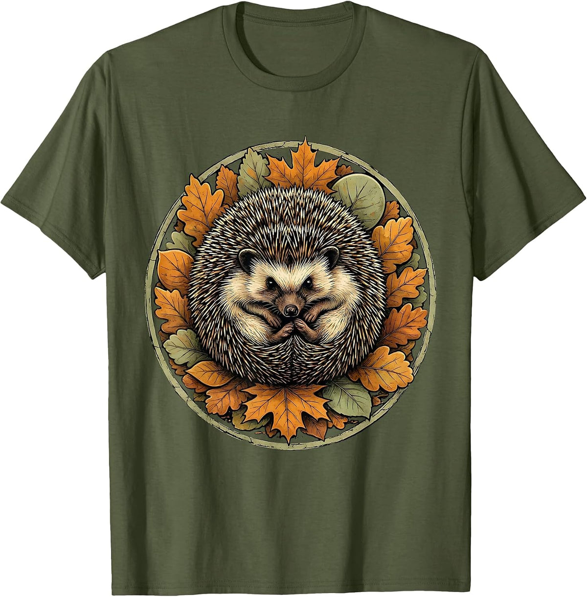 Hedgehog in Autumn Leaves Fall Illustration T-Shirt - Olive Green