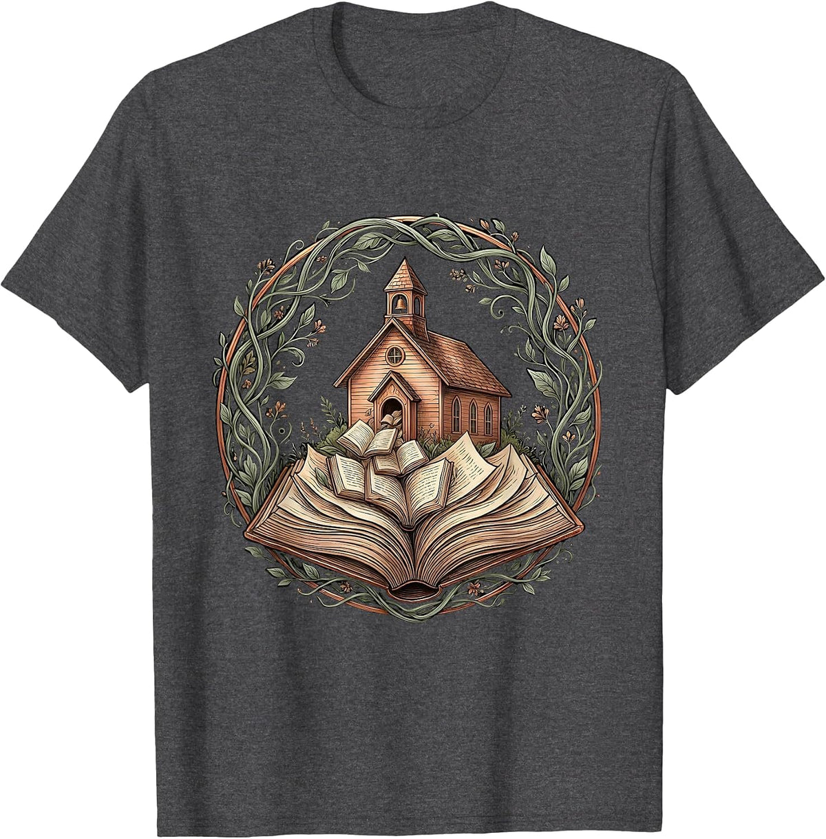 Reading Teacher Vintage Schoolhouse Books Graphic T-Shirt - Dark Heather Grey