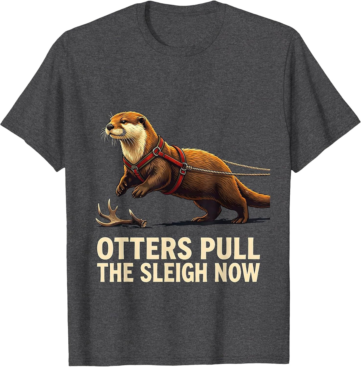 Men's Otters Pull The Sleigh Now Funny Otter Christmas Animal T-Shirt - Dark Heather Grey