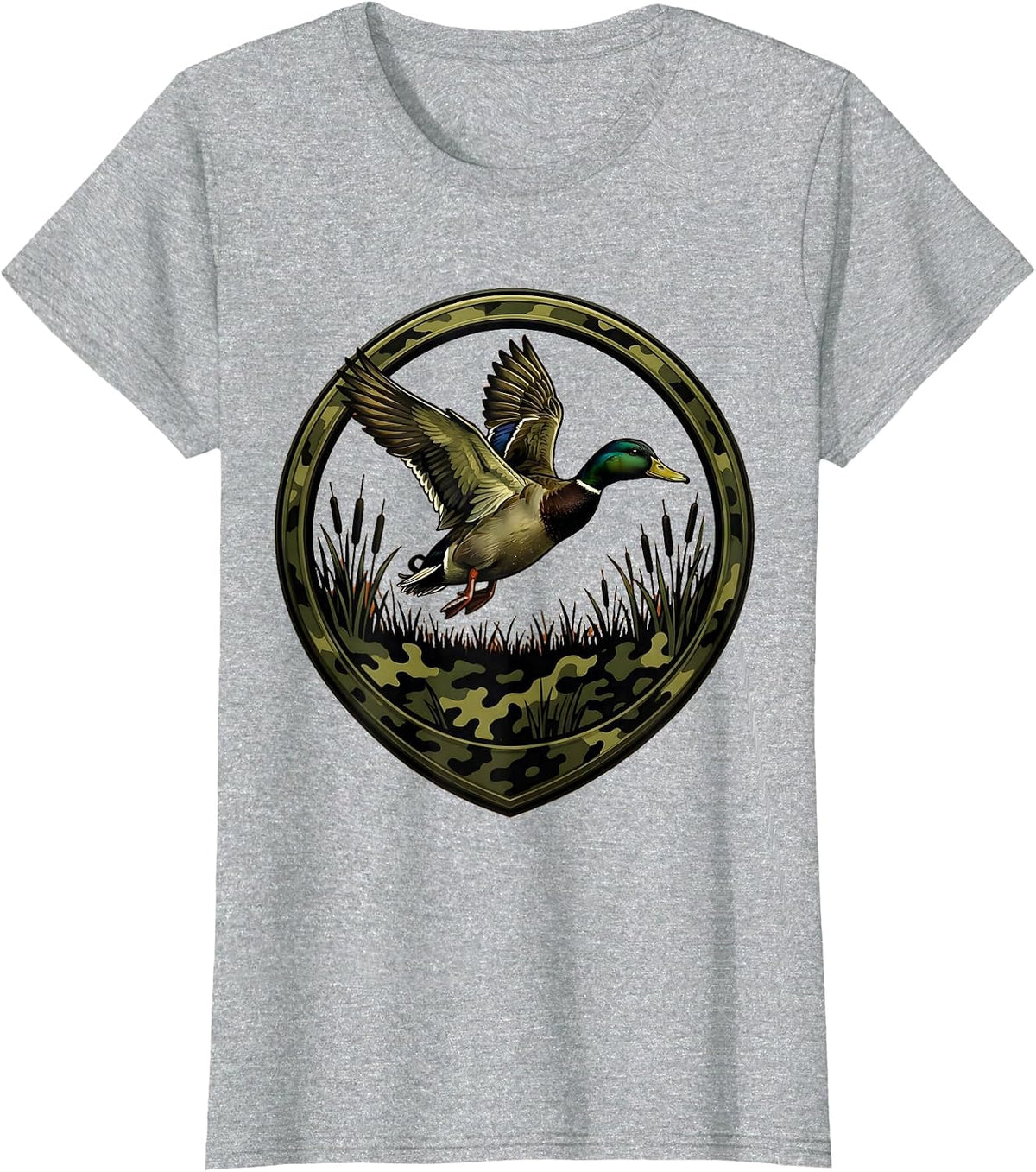 Duck Flying Over Camo Marsh Hunting Graphic T-Shirt - Heather Grey