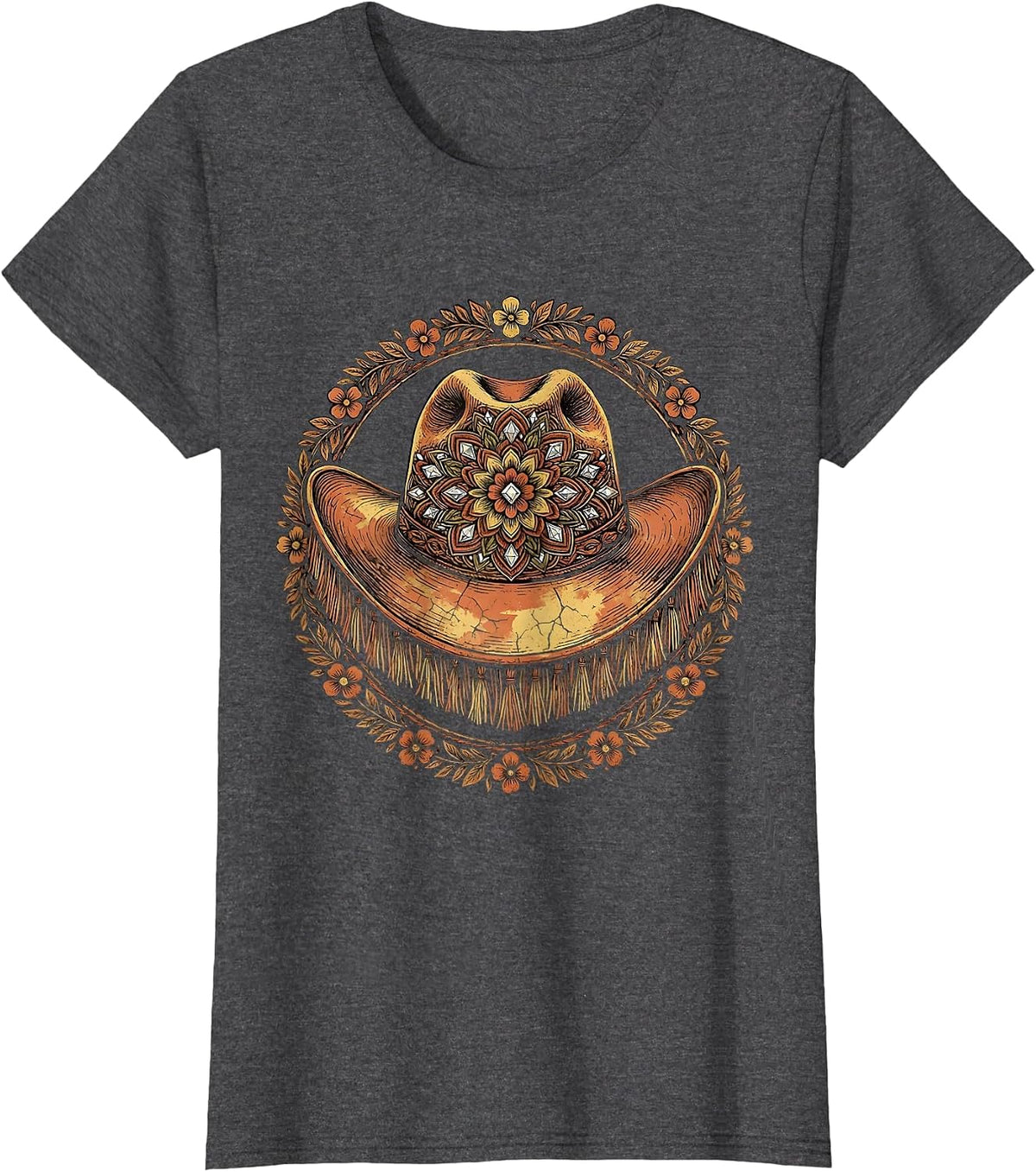 Women's Denim Cowgirl Rhinestone Fringe Jacket Graphic T-Shirt - Dark Heather Grey