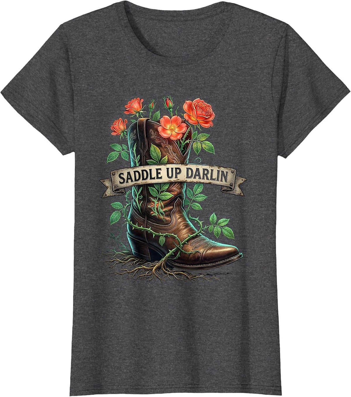 Women's Saddle Up Darlin Cowboy Western Graphic Design T-Shirt - Dark Heather Grey