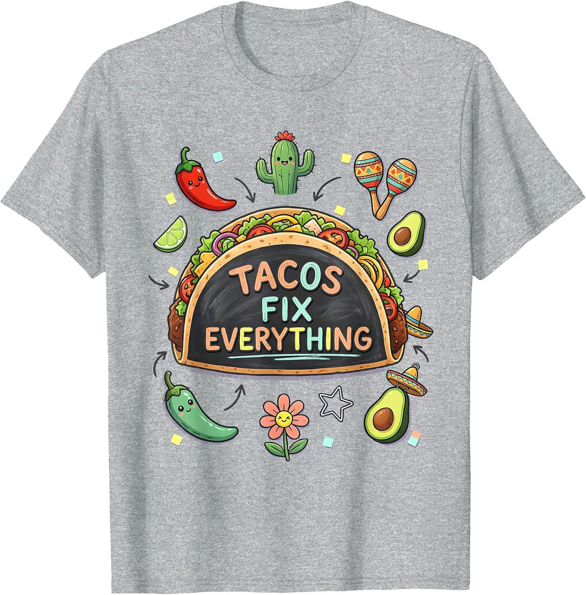 Men's Tacos Fix Everything Mexican Heritage Design T-Shirt - Heather Grey