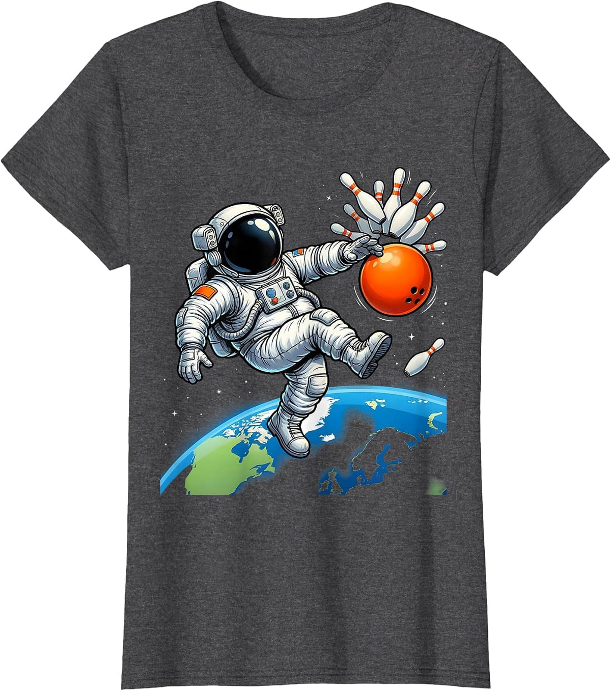 Women's Astronaut Bowling in Zero Gravity Space Design T-Shirt - Dark Heather Grey