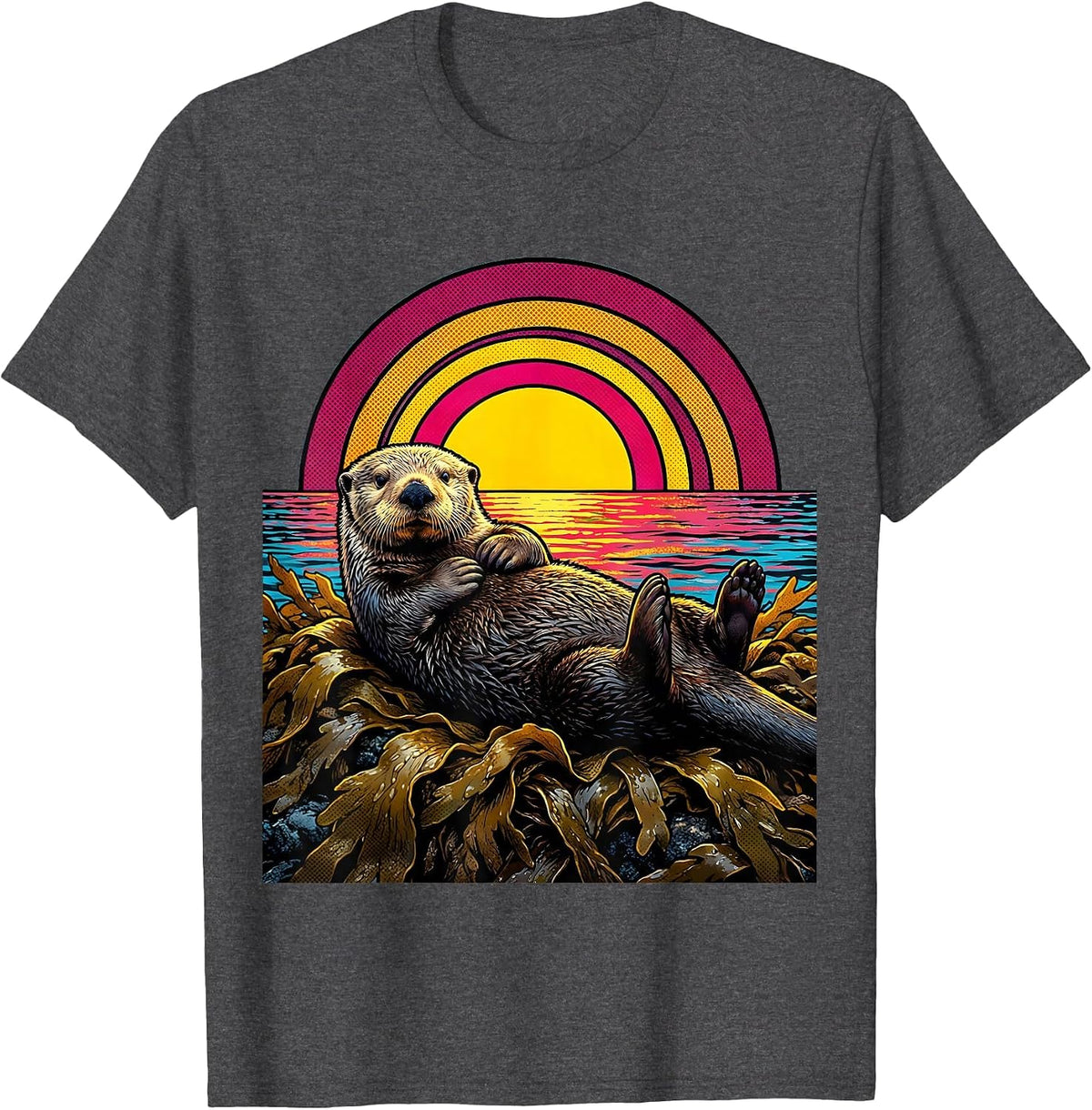 Men's California Sea Otter Floating on Kelp Sunset T-Shirt - Dark Heather Grey