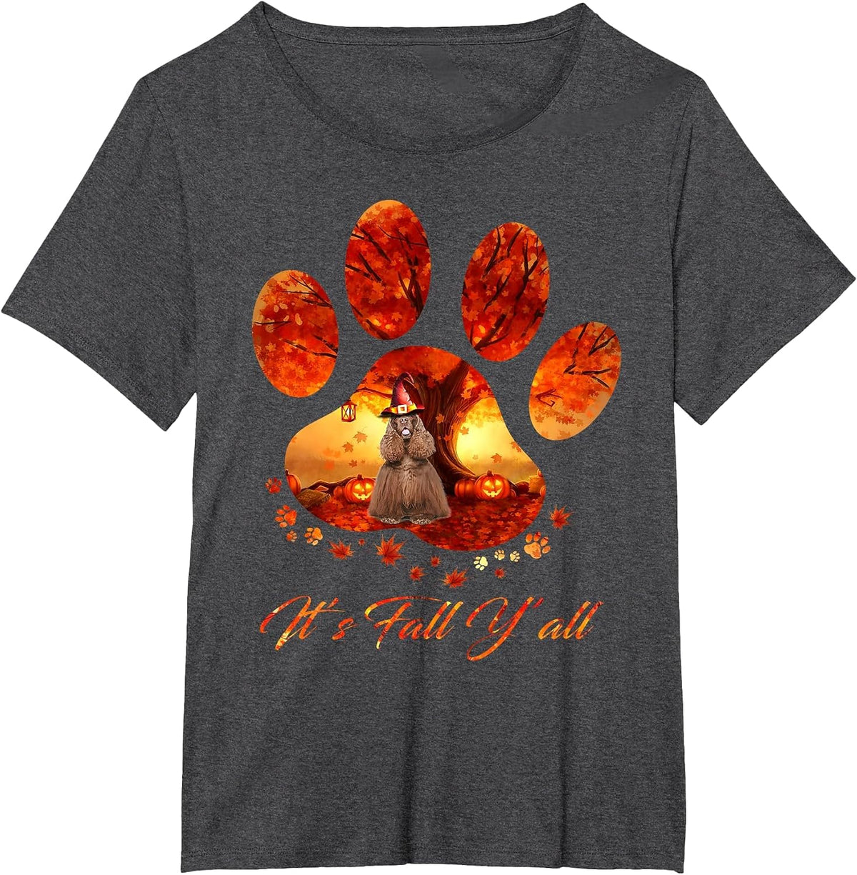American Cocker Spaniel It's Fall Y'all Dog Paw Halloween T-Shirt - Dark Heather Grey