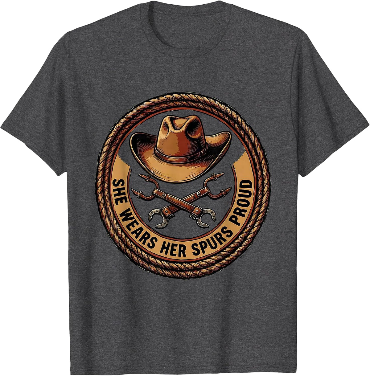 She Wears Her Spurs Proud Cowgirl Design T-Shirt - Dark Heather Grey