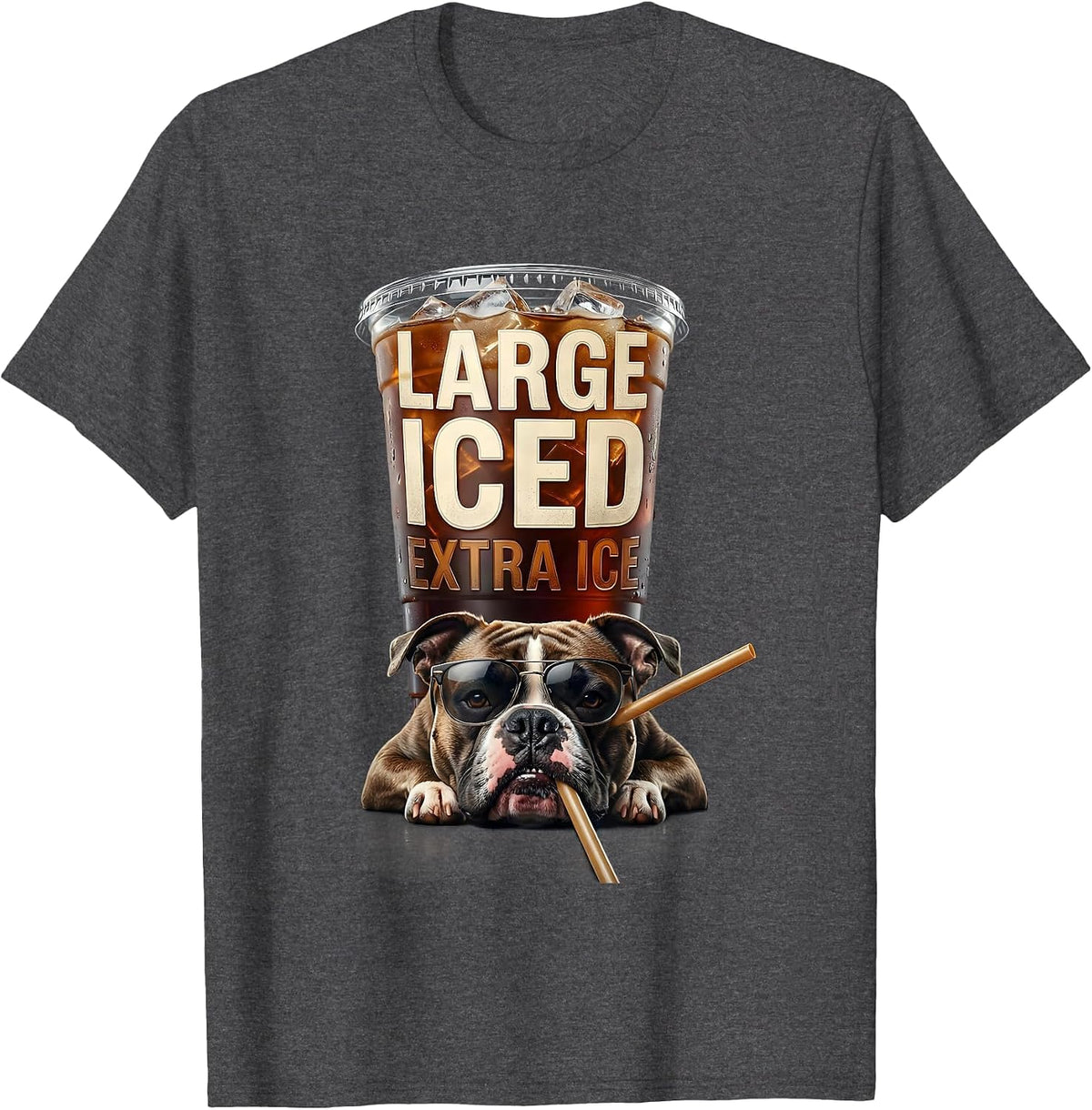 Men's Large Iced Extra Ice Funny Pitbull Drinking Iced Coffee Meme T-Shirt - Dark Heather Grey