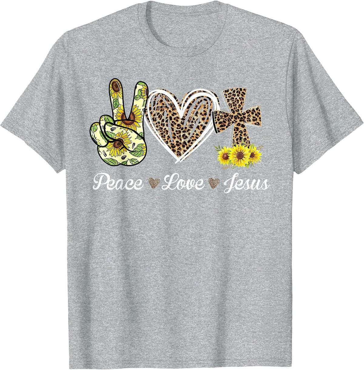 Leopard Peace Love Jesus Lovers Christ Cross Hippie T-Shirt - Heather Grey