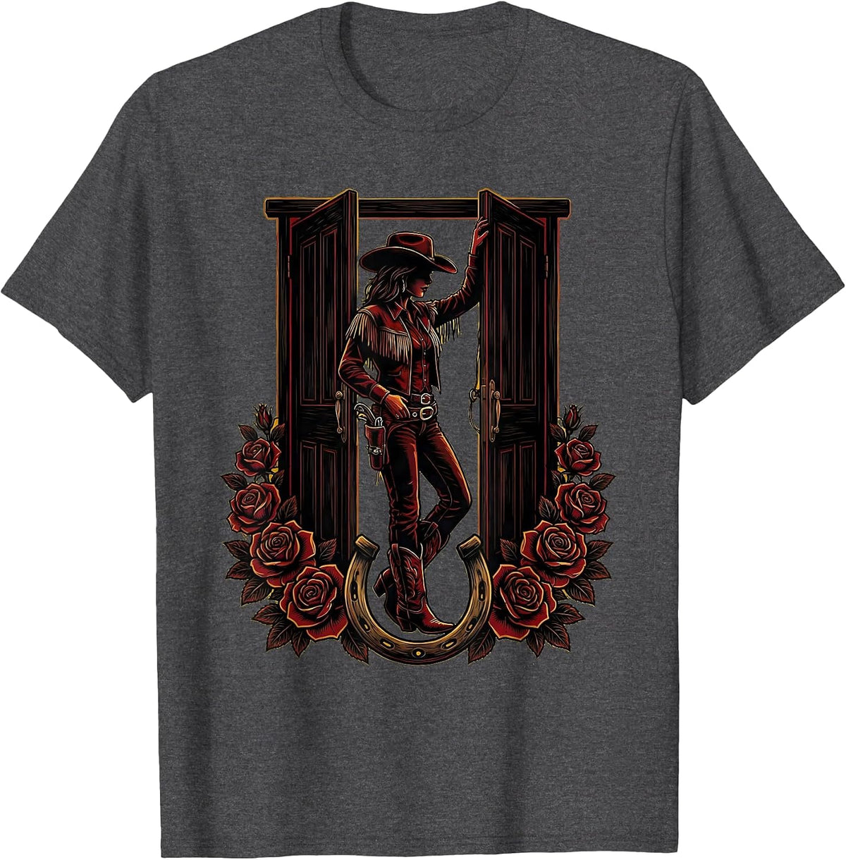 Cowgirl Leaning Against Saloon Door Graphic T-Shirt - Dark Heather Grey