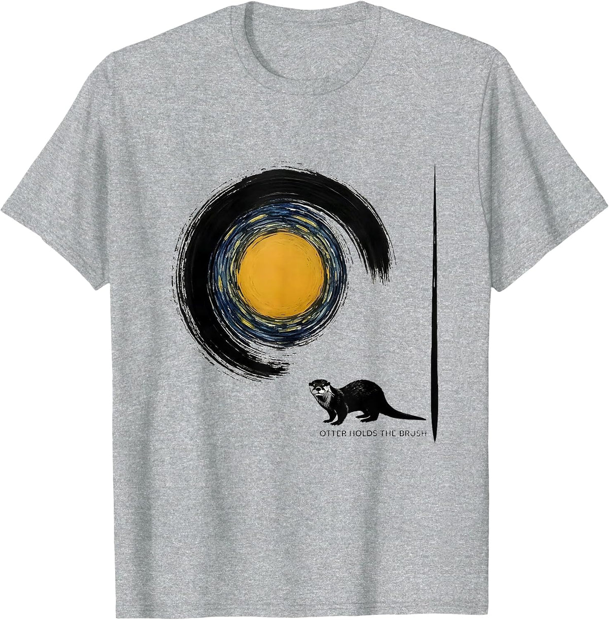 Men's Otter Holds The Brush Minimalist Van Gogh Parody Animal T-Shirt - Heather Grey